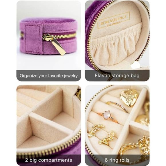 Plush Velvet Travel Jewelry Box Organizer, Mini Travel Jewelry Case Lilac - Picture 5 of 7